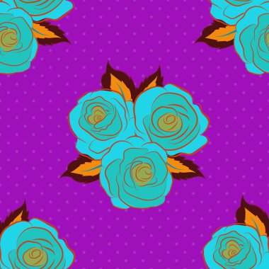 Pembe, mavi ve turuncu gül çiçekleriyle kusursuz desen.