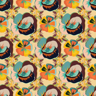 Vektör çizimi. Yumuşak suluboya gelincik çiçeği deseni - bej, mavi ve sarı renklerde kusursuz desen.