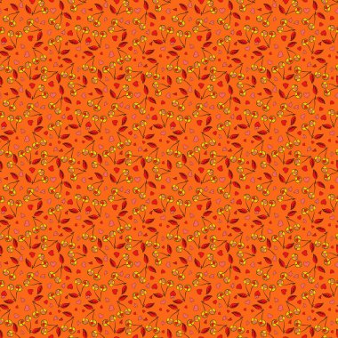 Turuncu, kırmızı ve sarı kirazlı dikişsiz çiçek deseni, suluboya etkisi.