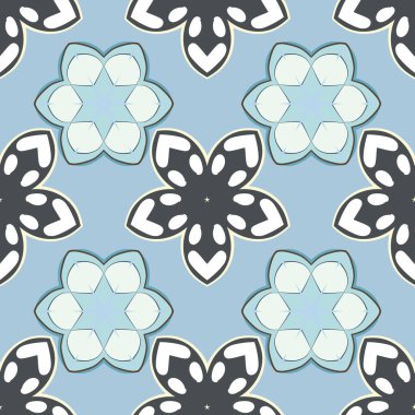Mavi, gri ve beyaz renklerde sevimli çiçeklerle kusursuz çiçek deseni. Vektör illüstrasyonu.