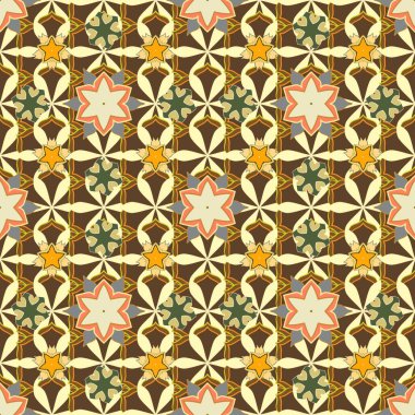 Optik yanılsama. Vektör illüstrasyonu iç tasarım, baskı, ağ ve tekstil tasarımı için iyidir. Sarı, kahverengi ve bej renkli çiçeklerin kusursuz dokusu..