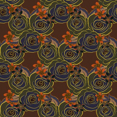 Yeşil, kahverengi ve mavi renkli çiçek açan ipek eşarp. Retro tekstil tasarım koleksiyonu. 1950-1960 motifleri. Sonbahar renkleri. El çizimi çiçek elementleri ile soyut, pürüzsüz vektör deseni.