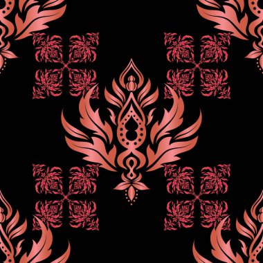 Kusursuz pembe ve turuncu Noel süsü deseni. Siyah arkaplan üzerindeki parlak arkaplan resimlemesi.