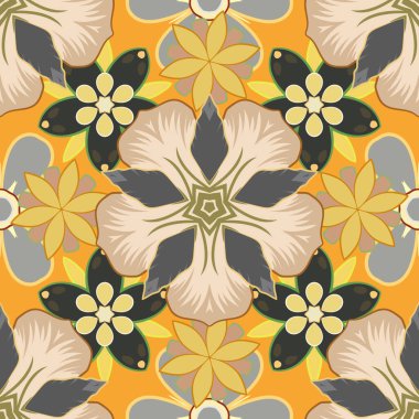 Gri, sarı ve bej renkli çiçekli süslemeleri olan vektörsüz desen..