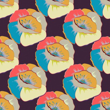 Gelincik çiçek desenleri tekrarlanıyor. Mavi, bej ve sarı renklerde modern çiçeksiz desen. Çiçek izi.