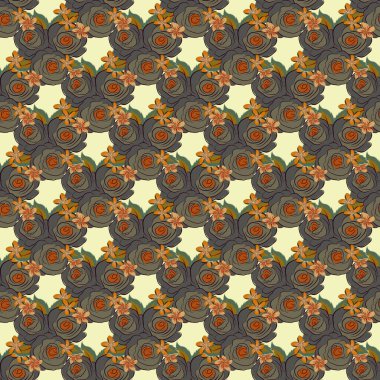 Vektör gül çiçekleri ve pürüzsüz desenler bırakır. Gri, bej ve kahverengi renklerde kusursuz çiçek deseni.