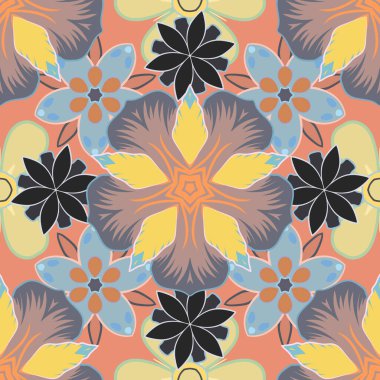 Yatak çarşafları, ceket, paket tasarımı, kumaş ve moda kavramları için tekstil baskısı. Çiçekli arka plan, suluboya etkisi. Çiçekler ve yapraklar siyah, turuncu ve mavi renklerde vektörsüz desen