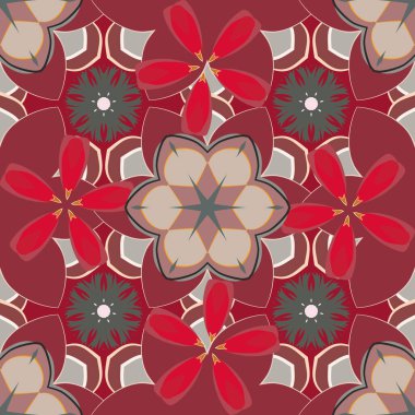 Gri, kırmızı ve bej renkli küçük çiçeklerin kusursuz deseni. Tekstil, kapak, imalat, duvar kağıtları, baskı, hediye paketi ve yapıştırma kitabı için Raster çiçek arka planı.