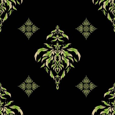 Siyah arka planda bej ve yeşil şebeke ile kusursuz desen. Vintage süsün vektör kare bileşimi.