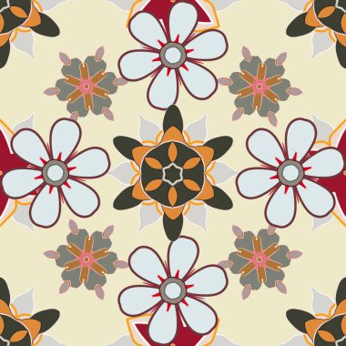 Ditsy çiçek stili. Küçük çiçeklerdeki hoş, pürüzsüz desen. Kahverengi, yeşil ve bej renkli küçük çiçekler. Moda baskıları için zarif bir şablon.