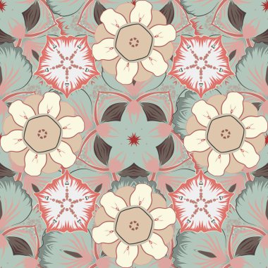 Klasik bej rengi, gri ve pembe dikişsiz desen, soyut brokar kumaş deseni, kumaş, baskı veya ambalaj kağıdı için karışık stilize elementler..