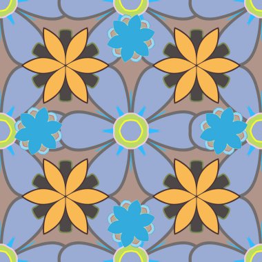 Raster çiçeklerle renklendirilmiş dallar. Raster illüstrasyonu. Küçük çiçekler bej, mavi ve sarı renklerle pürüzsüz desen.