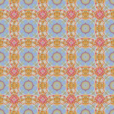 Doğulu, süslü. Halılar, tekstil, duvar kağıtları ve herhangi bir yüzey için şablonlar. Sarının, menekşenin ve kırmızı süsün kusursuz deseni.