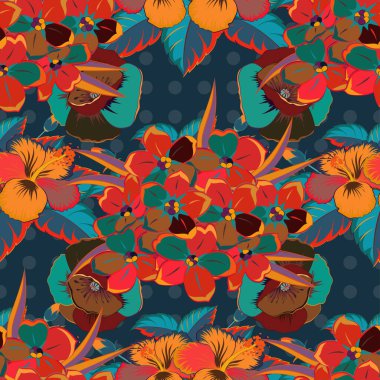 Eski tarz. Stock vektör illüstrasyonu. Soyut primula çiçeklerinin turuncu, yeşil ve mavi renklerinde kusursuz deseni.