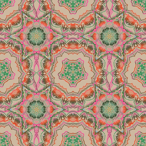 Bej, pembe, turuncu ve yeşil renklerde vektör damaskesiz desen. Klasik lüks eski moda İspanyol süsü, basım, tekstil, ambalaj veya kumaş için kraliyet Victoria dönemi dikişsiz dokusu.