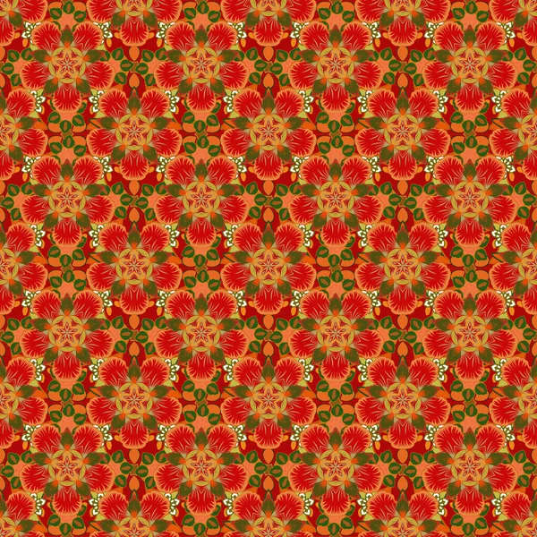 Vector Seamless Christmas Ornament Pattern Glittering Background Illustration Orange Red — Stock Vector