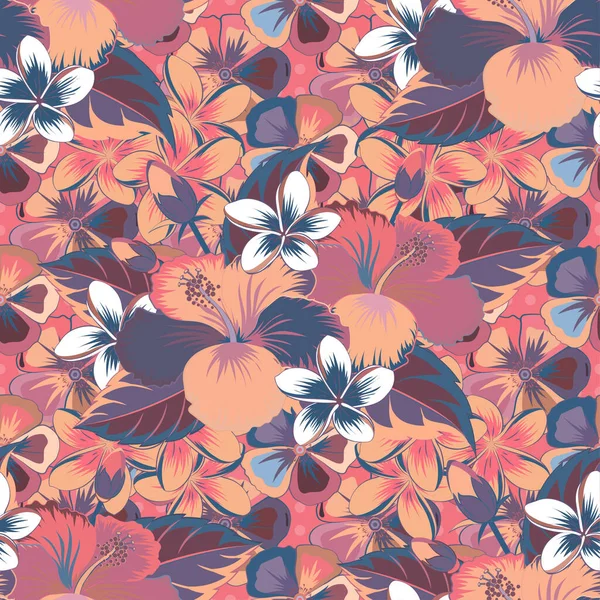 Vector Hibiskusblüte Nahtloses Muster Rosa Beige Und Blauen Farben — Stockvektor
