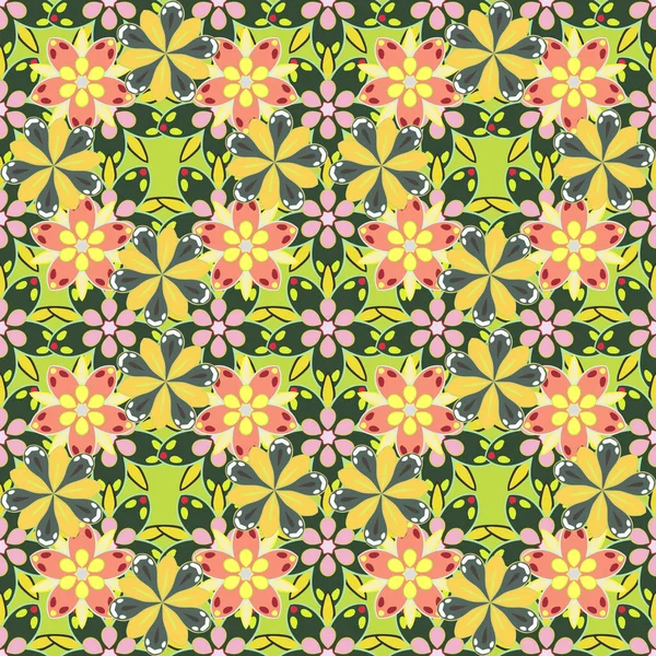 用于纺织品或书籍封面 礼品包装或剪贴簿的植物无缝背景 粉色和绿色的自由风格 在小规模的花朵中 格栅的图案很简单 很可爱 Millefleurs — 图库矢量图片