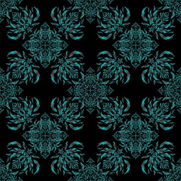 Impression Textile Vintage Marron Bleu Sur Fond Noir Carreaux Bigarrés — Image vectorielle