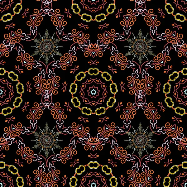 シンプルな雪片シームレスパターン 花の要素 装飾的な装飾 ベクトルイラスト 黒を基調としたシームレスなパターン アラブ アジア オレンジ ピンクのオスマンのモチーフ — ストックベクタ