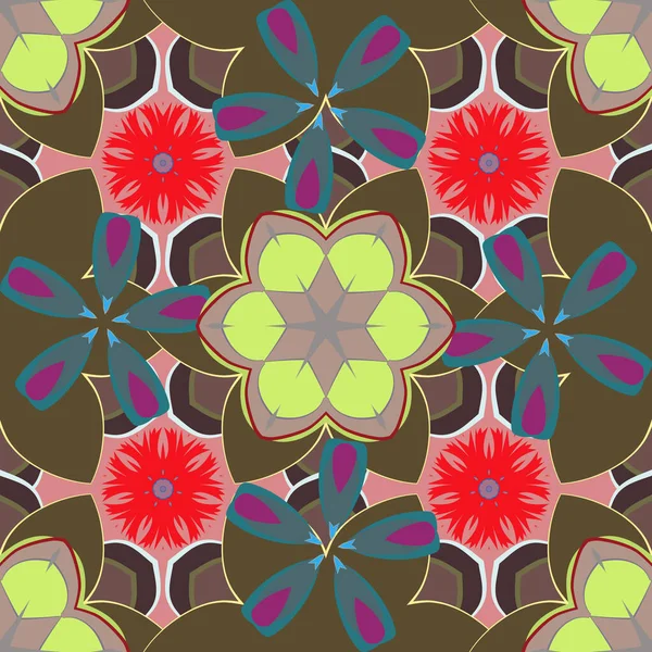 Raster Design Aux Couleurs Marron Beige Vert Ditsy Style Fleur — Image vectorielle