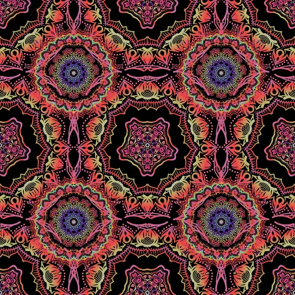 Vektör çizimi. Ortaçağ çiçek desenli. Siyah arkaplanda çok renkli ve pürüzsüz bir desen var. Doğum günü kartı, davetiye ya da afiş için iyidir. Dekoratif simetri arabesk.