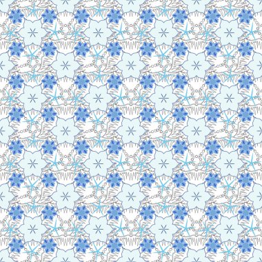 Vektör desenli çiçek deseni. Mavi ve gri renkte bir sürü çiçek. Elle çizilmiş pürüzsüz desen.