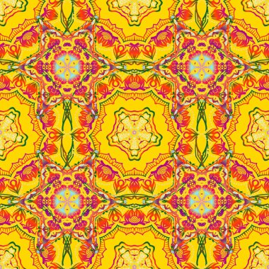 Vektör çizimi. Kusursuz damaske deseni. Bej, sarı ve mavi renklerde Victoria dönemi arkaplanı..