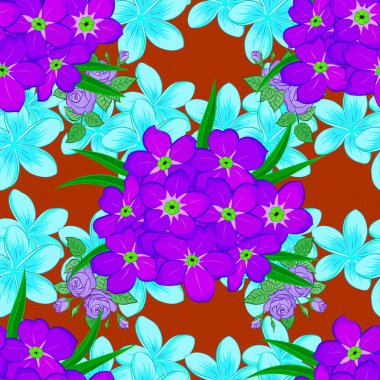 Vektör çizimi. Turuncu, mavi ve mor renkli şirin primula çiçekleriyle kusursuz desen..