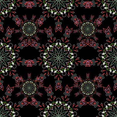 Elle çizilmiş güzel bir tasvir. Zarif yeşil, pembe ve turuncu pürüzsüz desenli ve Mandala elementleriyle.