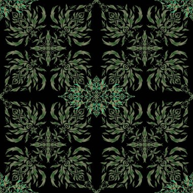 Barok tarzında kusursuz desenli doğu süsü. Siyah arkaplan üzerinde yeşil ve bej renkte geleneksel klasik vektör deseni.