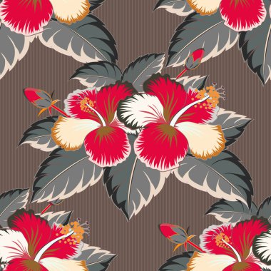 Gri, kırmızı ve bej çiçekleri son moda vektör tarzında. Hawaii tropikal doğal çiçek deseni gri, kırmızı ve bej renklerde..