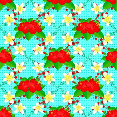 Kompozisyonda egzotik çiçekler. Yaz modası için çok renkli desenler, iç mekan, duvar kağıdı. Mavi arka planda amberçiçeği olan kusursuz tropikal tasarım..