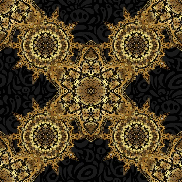 黒と金色のヴィンテージデザイン ダマスクエレガントな壁紙 黒の背景にベクトルシームレスパターン — ストックベクタ