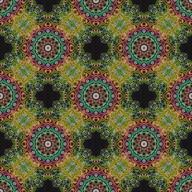 Soyut raster elementleri olan lüks, pürüzsüz bir desen. Siyah arkaplanda sarı, mavi ve pembe desenler.