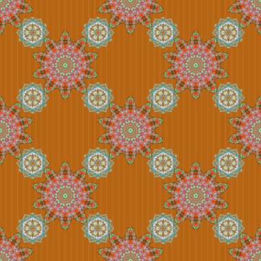 Raster dikişsiz damaske deseni, klasik duvar kağıdı, arka plan. Turuncu, pembe ve yeşil renklerde süslü konuşmalar..