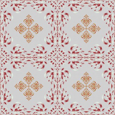 Renkli yinelenen elementlerle oryantasyon arkaplanı. Damask vektör klasik deseni. Yeşil ve kırmızı renklerde kusursuz soyut elementler.