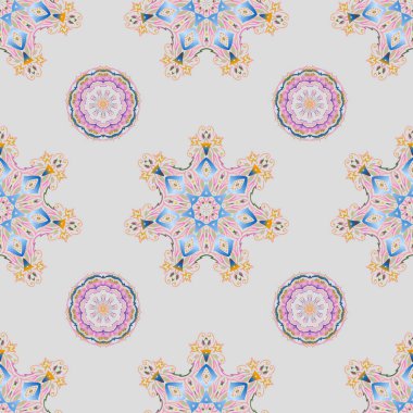 Metin için tasarım, davetiye kartları, çeşitli baskı sürümleri. Gri bir arka planda çok renkli elementlerle kusursuz bir desen. Doğu tarzında çok renkli bir vektör süsü.