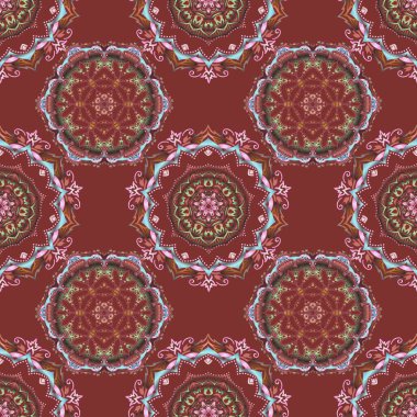 Kahverengi arkaplandaki soyut çok renkli halka süsü. Müslüman, Doğu ve Hint süslemeleri, İran motifi. İslami doğuya özgü pürüzsüz desen. Kumaş, parmak izi, ambalaj, düğün kartı için kullanılabilir.