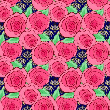 Çiçek arkaplan. Mavi, pembe ve kırmızı renklerde, gül ve yeşil yapraklı kusursuz vektör deseni..