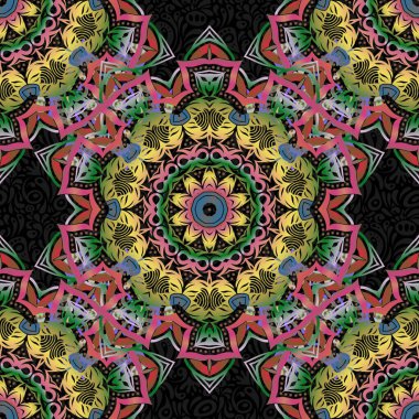 Vintage vektör süsü. Siyah zemin üzerinde pembe, yeşil ve sarı elementler olan soyut, kusursuz desen.