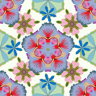 Vektör çizimi. Mavi, gri ve menekşe renkli biçimlendirilmiş çiçeklerle kusursuz çiçek deseni..