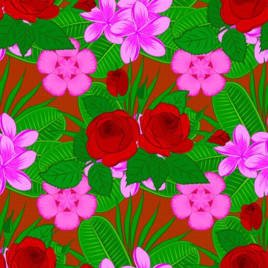 Geometrik yaprak süsü. Güzel vektör arkaplanı. Grafiksel modern model. Pembe, kırmızı ve yeşil renklerde kusursuz soyut çiçek deseni. Gül çiçekleri ve yeşil yapraklı pürüzsüz desen.