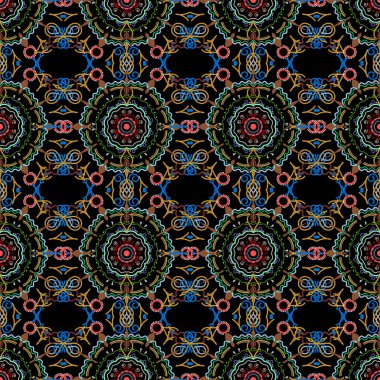 Ortaçağ kraliyet şablonu. Vektör çizimi. Siyah arkaplanda çok renkli ve pürüzsüz bir desen var. Dekoratif simetri arabesk. Doğum günü, davetiye ya da afiş için tebrik kartı.