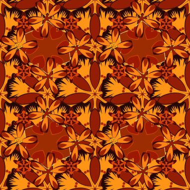 Dekoratif yaz çiçeklerinin sarı, turuncu ve kahverengi renkleriyle kusursuz desen, suluboya vektör çizimi.