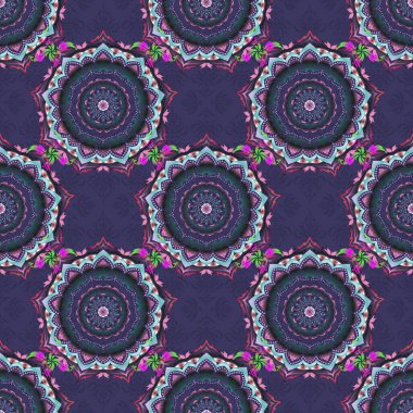 Şirin damaske süsü olan kusursuz bir desen. Arap tarzında kusursuz mavi ve kırmızı bir süs. Duvar kağıtları, arka planlar, el ilanları veya ambalaj kağıtları için desen.