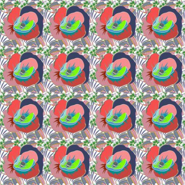 Arabesk. Pembe ve mavi renklerde klasik soyut vektör çiçeksiz desen. Çarpık kıvrımlı zarif yaprak ve parşömenlerin kesişmesi soyut bir çiçek süsü oluşturur..