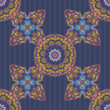 Sorunlu damasküler desensiz arka plan fayansları. Mor, mavi ve sarı renklerde kusursuz bir süs.