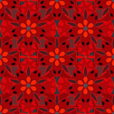 Şirin damaske süsü olan kusursuz bir desen. Arap tarzında kusursuz siyah, kırmızı ve kahverengi bir süs. Duvar kağıtları, arka planlar, el ilanları veya ambalaj kağıtları için desen.