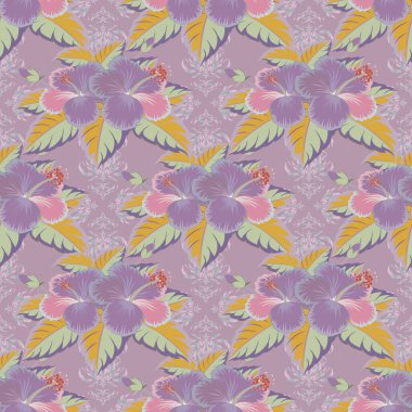 Bir sürü sarı, mor ve pembe amber çiçekli vektör çizimi. Moda olmayan çiçek desenleri.